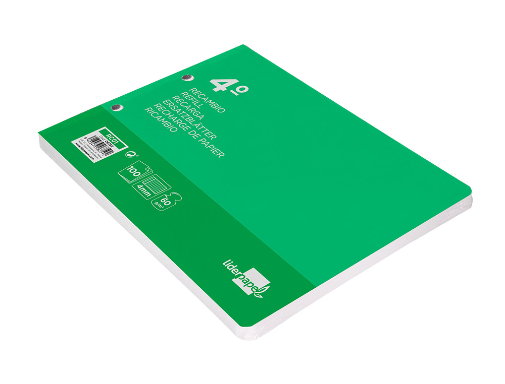 RECAMBIO LIDERPAPEL CUARTO APAISADO 100 HOJAS 60GR CUADRO 4 MM 2 TALADROS CON MARGEN