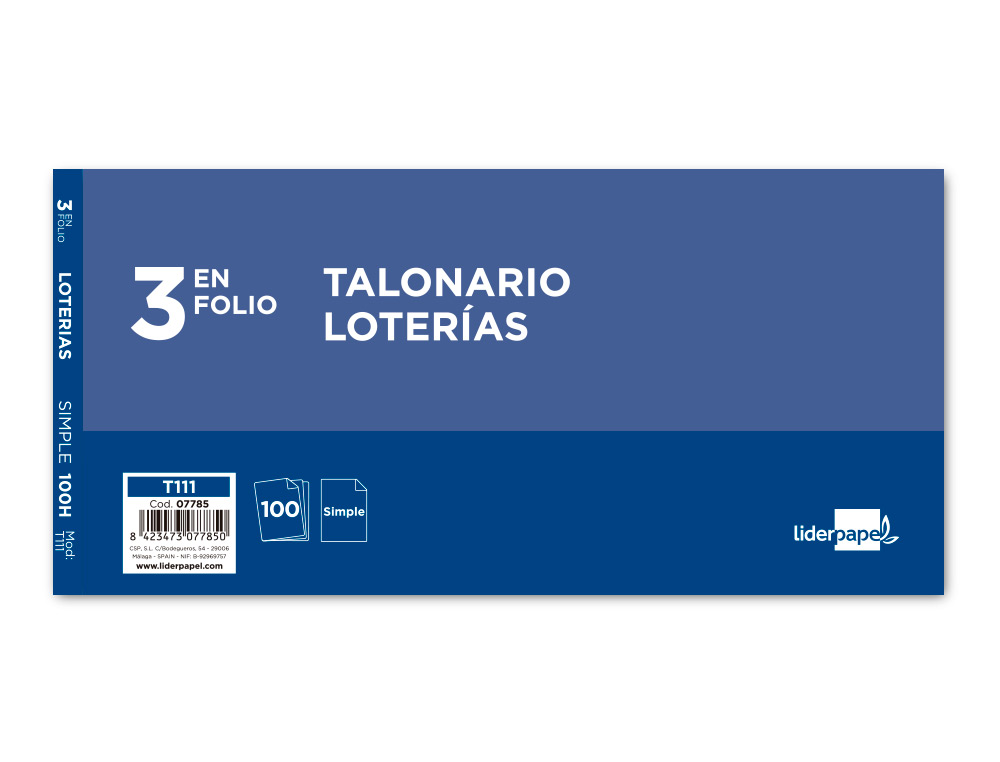 TALONARIO LIDERPAPEL LOTERIA TRES EN FOLIO 111
