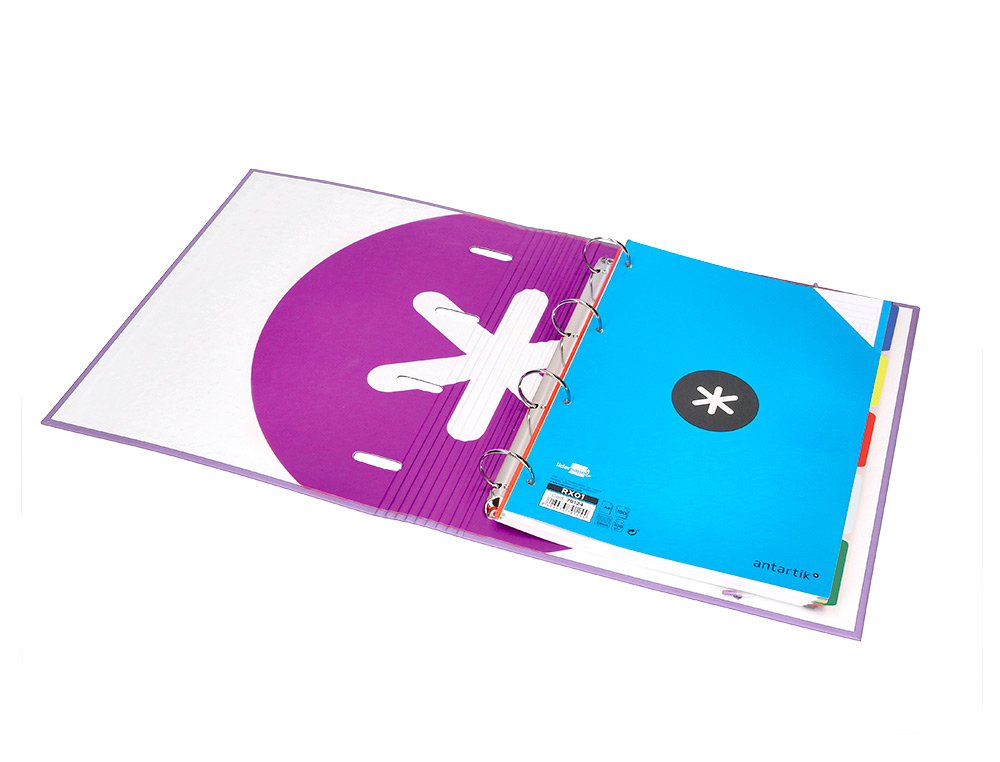 CARPETA CON RECAMBIO ANTARTIK A4 CUADRO 5MM FORRADA 4 ANILLAS 40MM REDONDAS CON SOLAPA COLOR LAVANDA