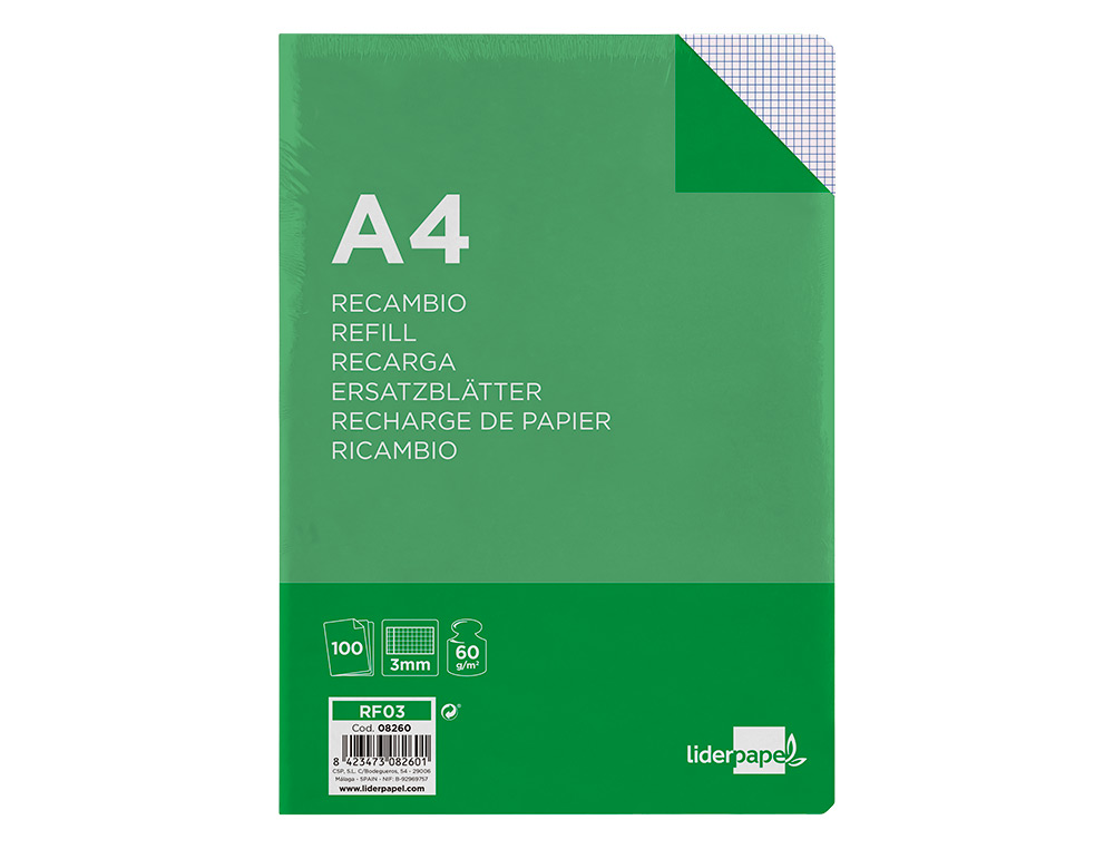 RECAMBIO LIDERPAPEL A4 100 HOJAS 60G/M2 CUADRO 3 MM CON MARGEN 4 TALADROS