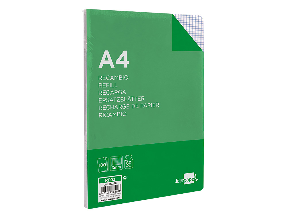 RECAMBIO LIDERPAPEL A4 100 HOJAS 60G/M2 CUADRO 3 MM CON MARGEN 4 TALADROS
