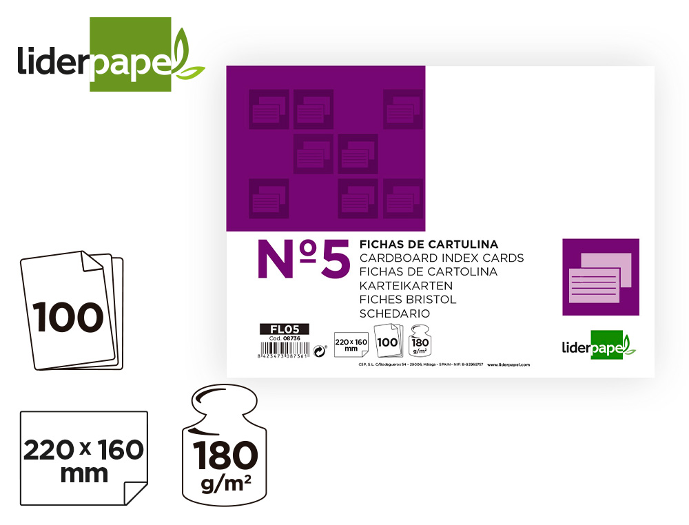 FICHA LIDERPAPEL LISA N5 160X220MM PAQUETE DE 100 180G