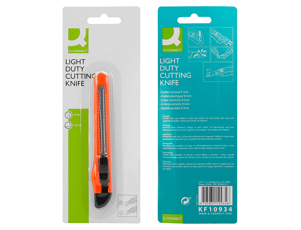 CUTER Q-CONNECT PLASTICO ESTRECHO CUCHILLA 9 MM XD-05 BLISTER 1 UNIDAD