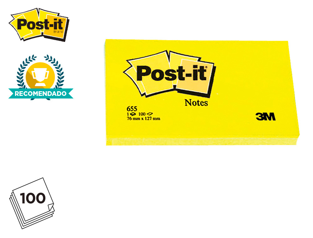 BLOC DE NOTAS ADHESIVAS QUITA Y PON POST-IT 76X127 MM CON 100 HOJAS 655