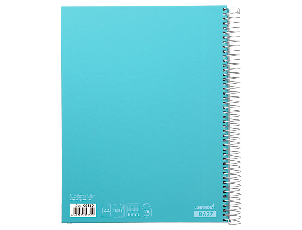 CUADERNO ESPIRAL LIDERPAPEL A4 MICRO JOLLY TAPA FORRADA 140H 75 GR CUADRO 5MM 5 BANDAS4 TALADROS COLOR CELESTE