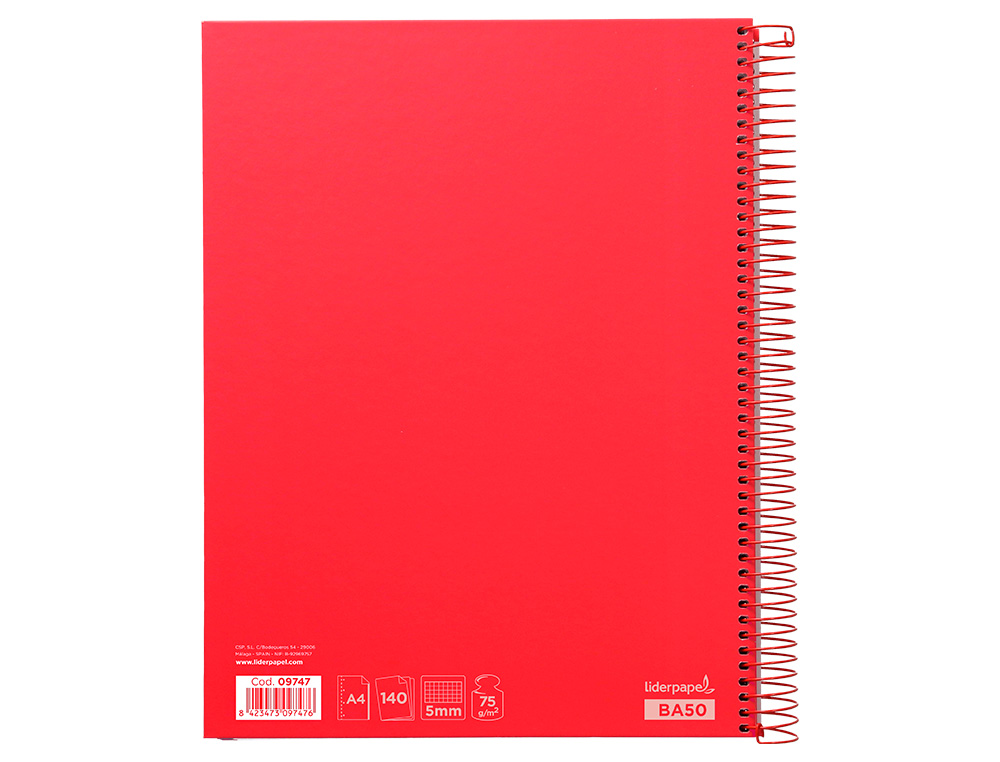 CUADERNO ESPIRAL LIDERPAPEL A4 MICRO JOLLY TAPA FORRADA 140H 75 GR CUADRO 5MM 5 BANDAS 4 TALADROS COLOR ROJO