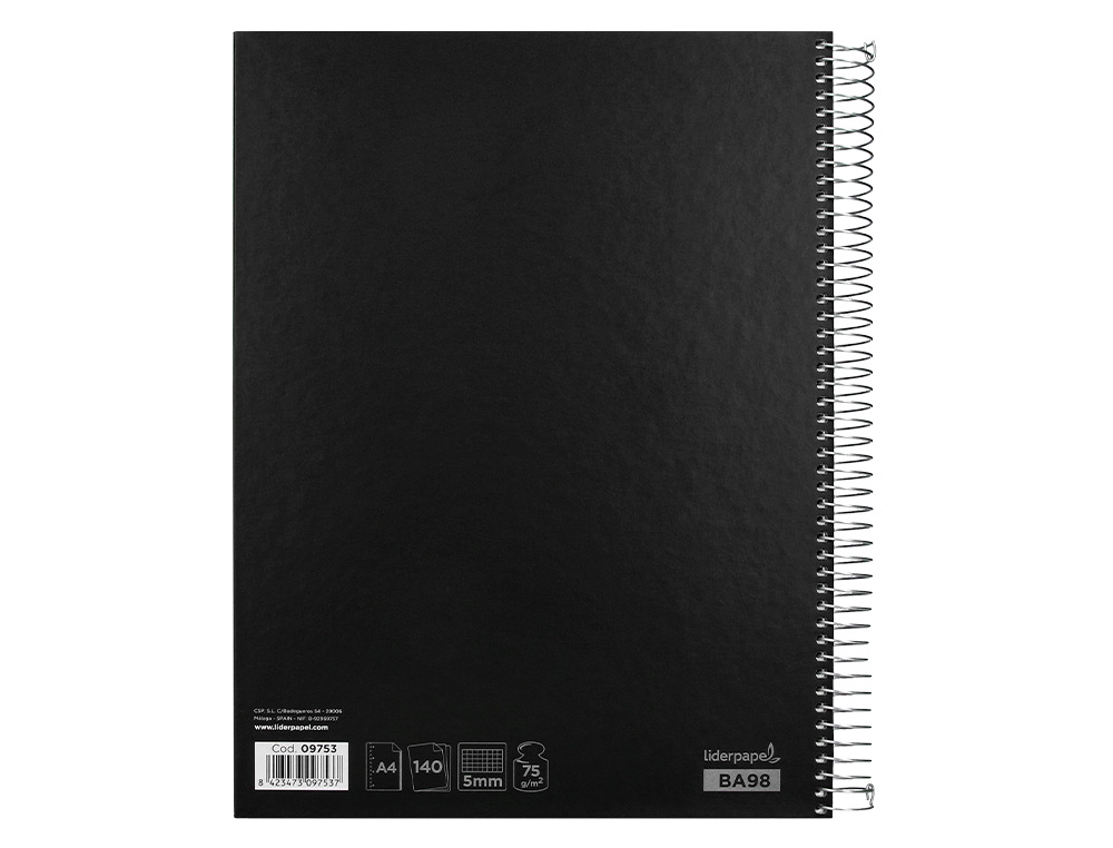 CUADERNO ESPIRAL LIDERPAPEL A4 MICRO JOLLY TAPA FORRADA 140H 75 GR CUADRO 5MM 5 BANDAS 4 TALADROS COLOR NEGRO