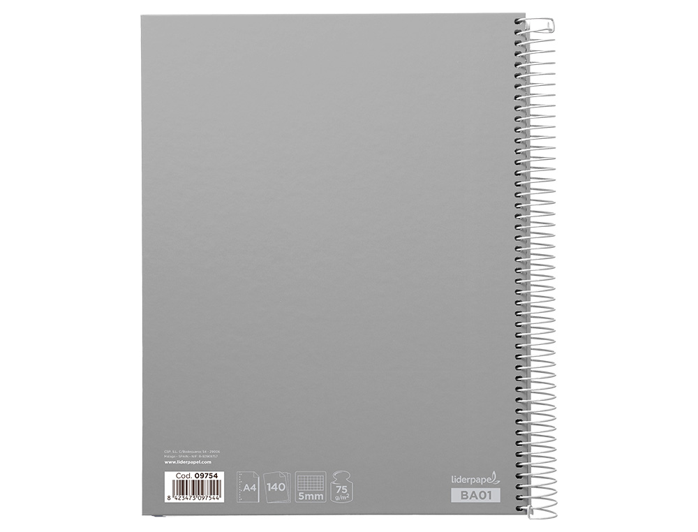 CUADERNO ESPIRAL LIDERPAPEL A4 MICRO JOLLY TAPA FORRADA 140H 75GR CUADRO 5MM 5 BANDAS 4 TALADROS COLORES SURTIDOS