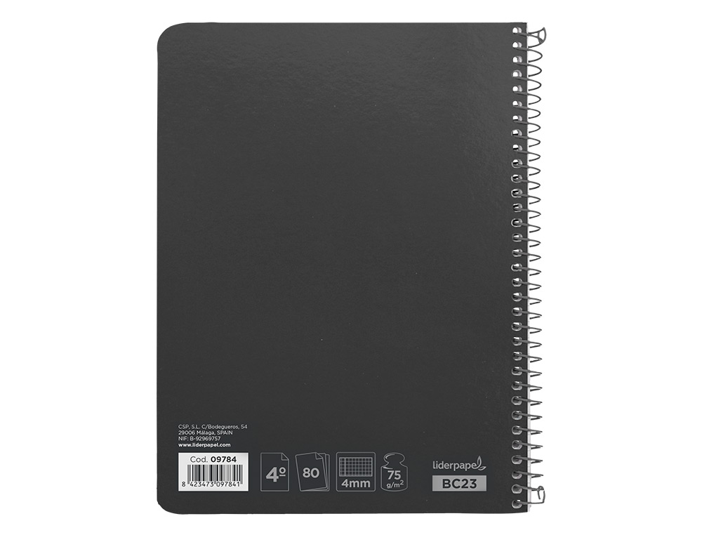 CUADERNO ESPIRAL LIDERPAPEL CUARTO WITTY TAPA DURA 80H 75GR CUADRO 4MM CON MARGEN COLOR NEGRO