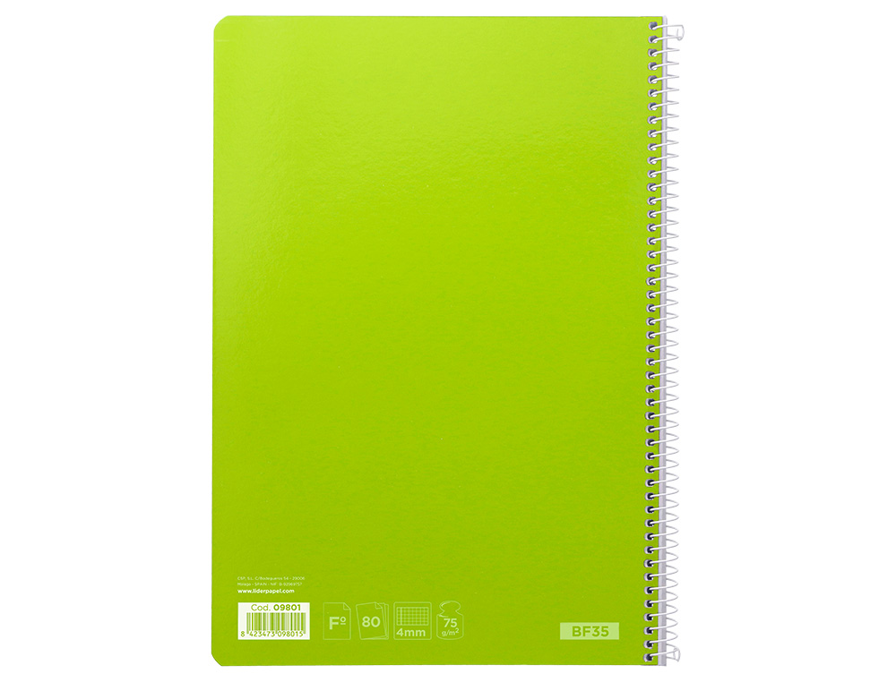 CUADERNO ESPIRAL LIDERPAPEL FOLIO WITTY TAPA DURA 80H 75GR CUADRO 4MM CON MARGEN COLOR VERDE