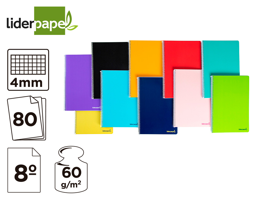 CUADERNO ESPIRAL LIDERPAPEL BOLSILLO OCTAVO SMART TAPA BLANDA 80H 60GR CUADRO 4MM COLORES SURTIDOS