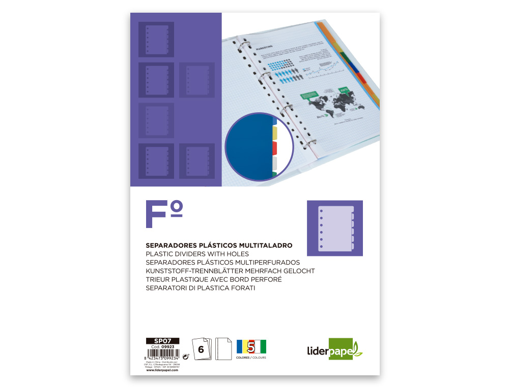 SEPARADOR LIDERPAPEL PLASTICO JUEGO DE 6 SEPARADORES FOLIO 16 TALADROS
