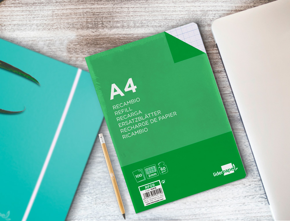 RECAMBIO LIDERPAPEL A4 100 HOJAS 60G/M2 MILIMETRADO SIN MARGEN 4 TALADROS