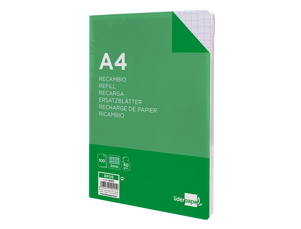 RECAMBIO LIDERPAPEL A4 100 HOJAS 60G/M2 MILIMETRADO SIN MARGEN 4 TALADROS