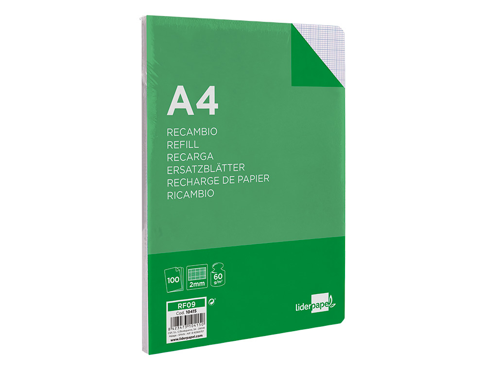 RECAMBIO LIDERPAPEL A4 100 HOJAS 60G/M2 MILIMETRADO SIN MARGEN 4 TALADROS