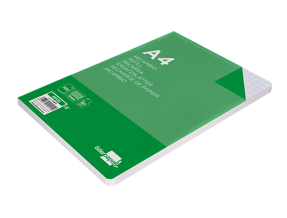 RECAMBIO LIDERPAPEL A4 100 HOJAS 60G/M2 MILIMETRADO SIN MARGEN 4 TALADROS