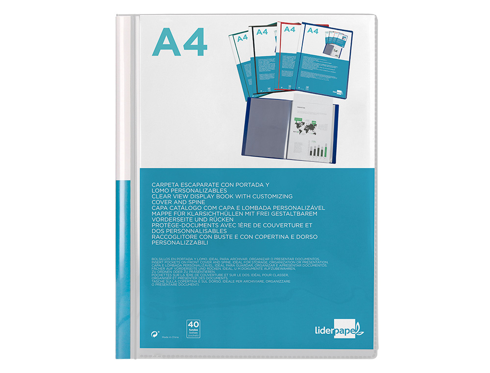 CARPETA LIDERPAPEL PERSONALIZA 40 FUNDAS CANGURO POLIPROPILENO DIN A4 TRANSPARENTE PORTADA Y LOMO