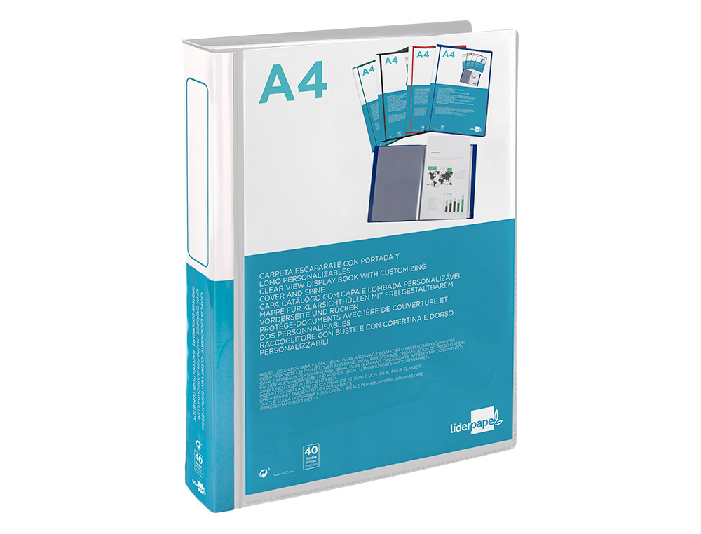 CARPETA LIDERPAPEL PERSONALIZA 40 FUNDAS CANGURO POLIPROPILENO DIN A4 TRANSPARENTE PORTADA Y LOMO