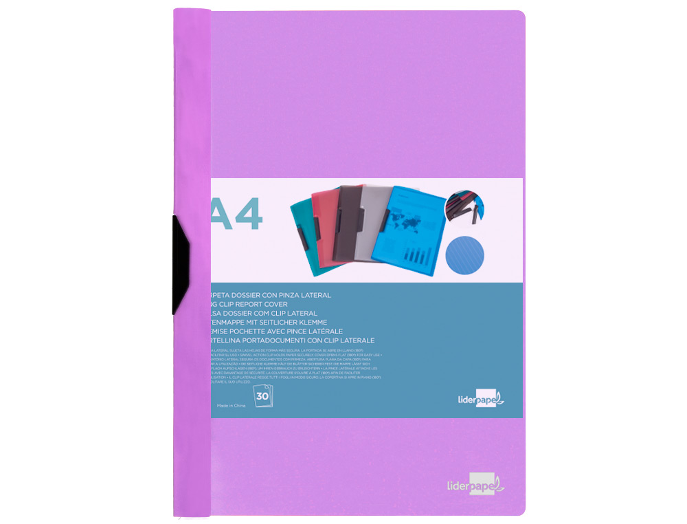 CARPETA LIDERPAPEL DOSSIER PINZA LATERAL POLIPROPILENO DIN A4 LAVANDA OPACO 30 HOJAS PINZA DESLIZANTE