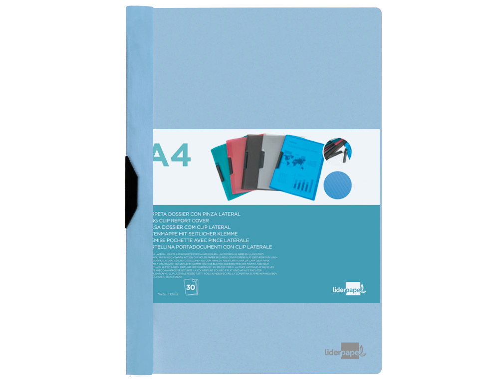CARPETA LIDERPAPEL DOSSIER PINZA LATERAL POLIPROPILENO DIN A4 CELESTE OPACO 30 HOJAS PINZA DESLIZANTE