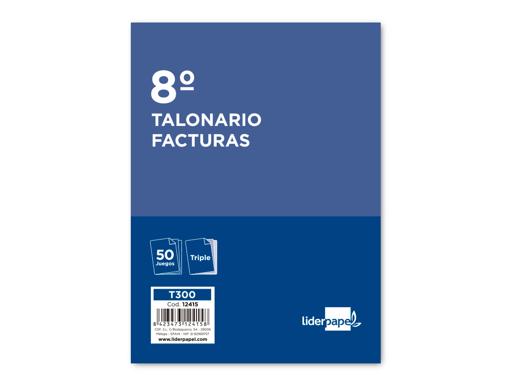 TALONARIO LIDERPAPEL FACTURAS 8º ORIGINAL Y 2 COPIAS T300 CON I.V.A.