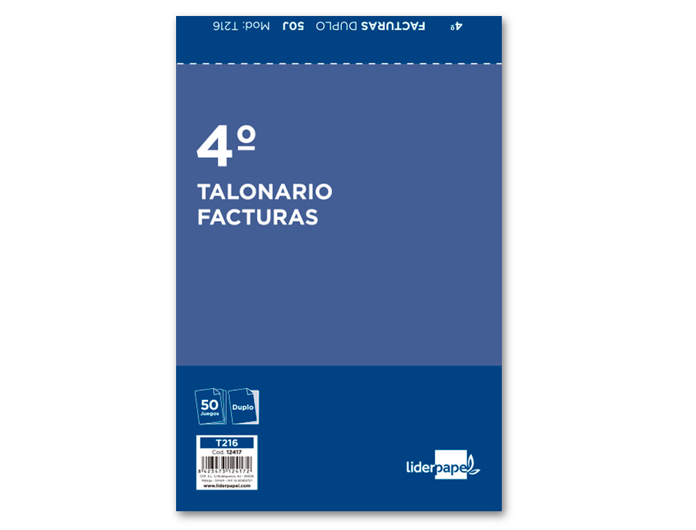 TALONARIO LIDERPAPEL FACTURAS CUARTO ORIGINAL Y COPIA T216 CON I.V.A.