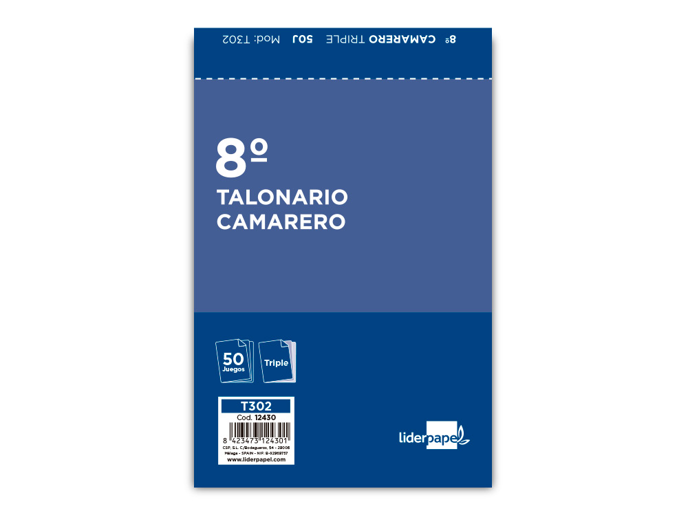 TALONARIO LIDERPAPEL CAMARERO 8 ORIGINAL Y 2 COPIAS T302