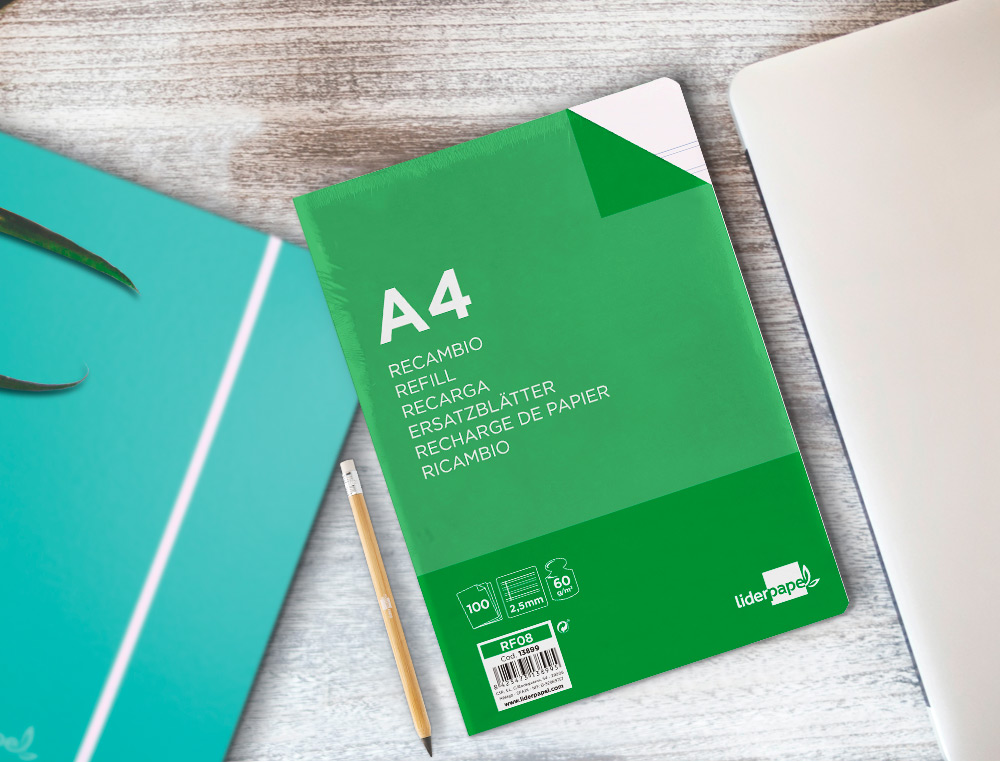 RECAMBIO LIDERPAPEL A4 100 HOJAS 60G/M2 PAUTA 5ª 2.5MM CON MARGEN 4 TALADROS