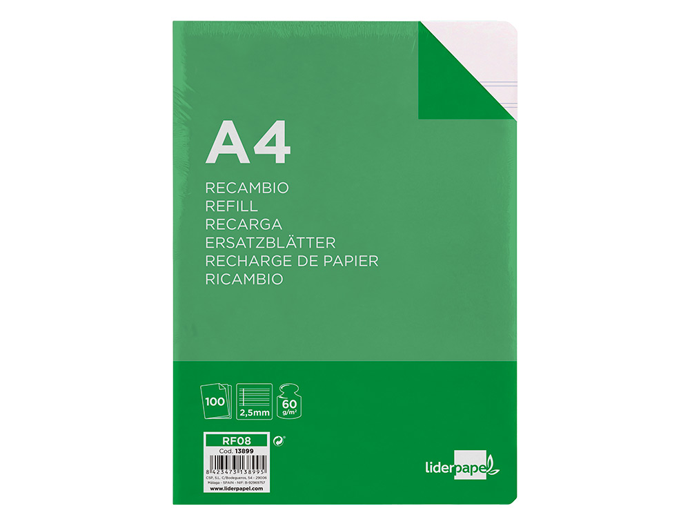 RECAMBIO LIDERPAPEL A4 100 HOJAS 60G/M2 PAUTA 5ª 2.5MM CON MARGEN 4 TALADROS