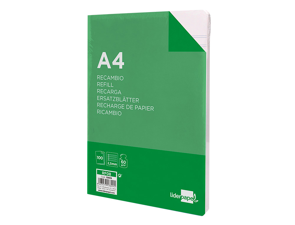 RECAMBIO LIDERPAPEL A4 100 HOJAS 60G/M2 PAUTA 5ª 2.5MM CON MARGEN 4 TALADROS