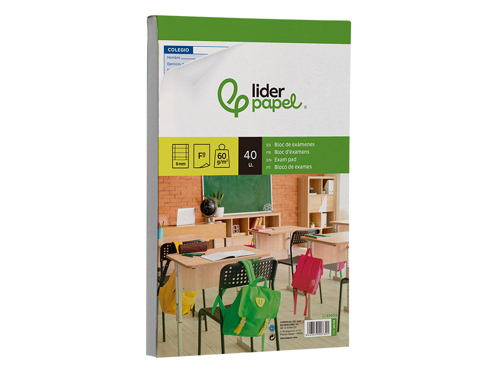 BLOC EXAMENES LIDERPAPEL CUADRO 2MM FOLIO 40 HOJAS 60G/M2