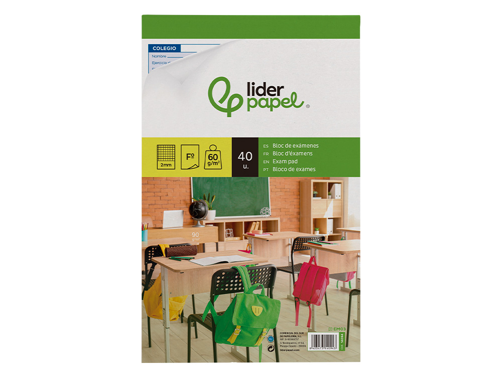 BLOC EXAMENES LIDERPAPEL CUADRO 2MM FOLIO 40 HOJAS 60G/M2
