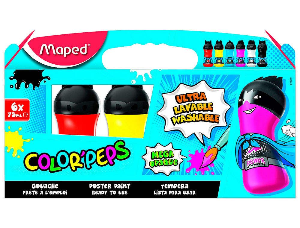 TEMPERA MAPED COLOR PEPS ULTRA LAVABLE CAJA DE 6 COLORES SURTIDOS PRIMARIOS 75 ML