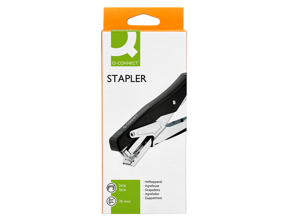 GRAPADORA Q-CONNECT DE TENAZA METALIZADA Y NEGRA KF14867 TACTO SUAVE CAPACIDAD 25 HOJAS USA GRAPAS 24/6 Y 26/6