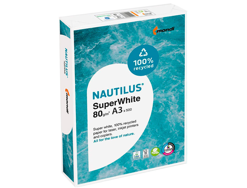 PAPEL FOTOCOPIADORA NAUTILUS SUPERWHITE 100% RECICLADO DIN A3 80 GRAMOS PAQUETE DE 500 HOJAS