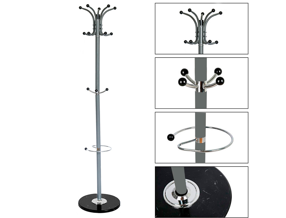 PERCHERO METALICO Q-CONNECT GRIS DE PIE 10 COLGADORES Y PARAGUERO 174X40CM
