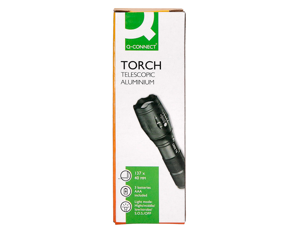 LINTERNA Q-CONNECT TELESCOPICA ALUMINIO 5W MODO ALUMBRADO ALTO MEDIO BAJO ESTROBOSCOPIO SOSAPAGADO 3 PILAS AAA