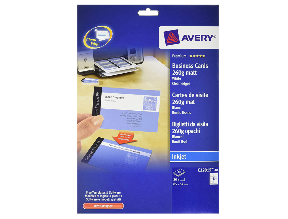 TARJETA DE VISITA AVERY BLANCA MATE 85X54 MM 260 GR IMPRIMIBLE DOBLE CARA PARA INK-JET PACK DE 80 UNIDADES