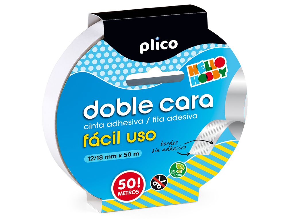 CINTA ADHESIVA PLICO DOBLE CARA FACIL USO 50 MT X 12/18 MM