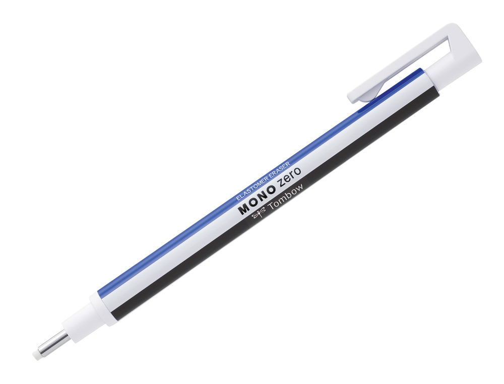 PORTAGOMAS TOMBOW MONO ZERO CON CLIP GOMA REDONDA 2,3 MM DIAMETRO COLOR AZUL BLANCO Y NEGRO