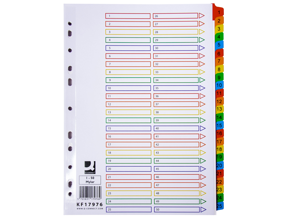 SEPARADOR NUMERICO Q-CONNECT CARTON 1-50 JUEGO DE 50 SEPARADORES DIN A4 MULTITALADRO