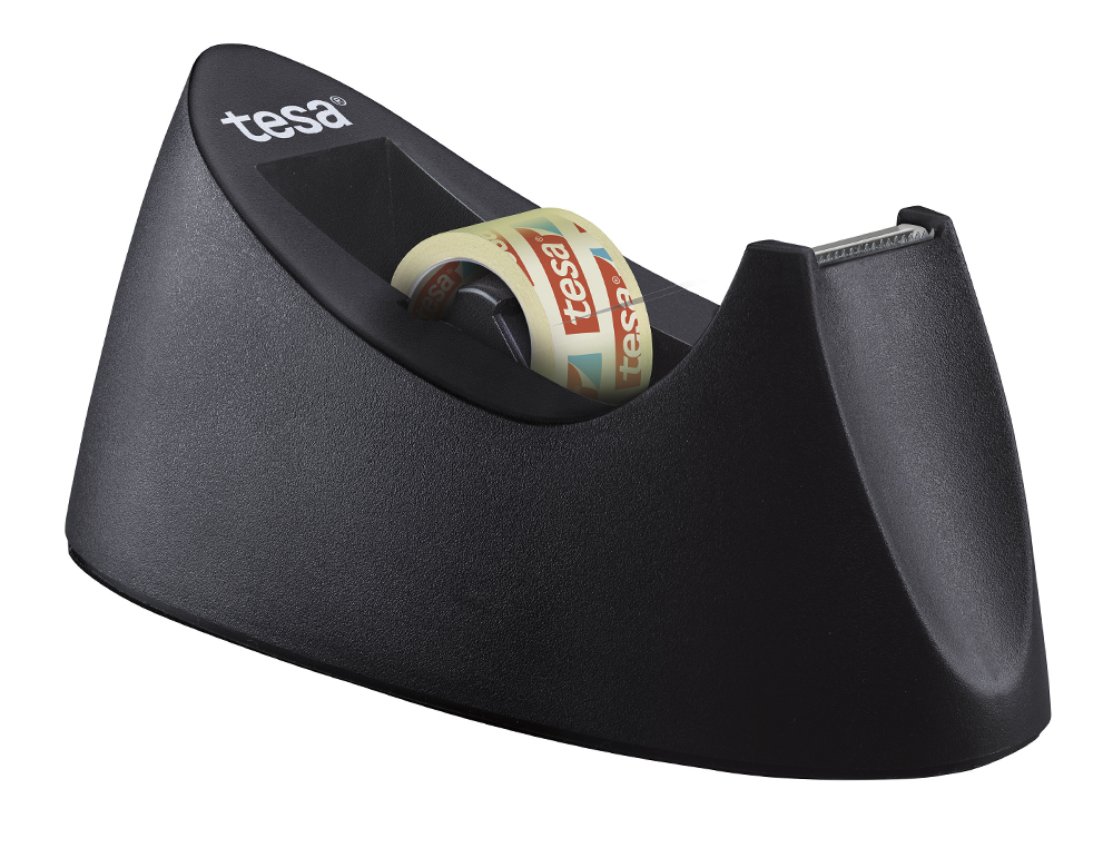 PORTARROLLO SOBREMESA TESA PLASTICO EASY CUT CURVE NEGRO PARA CINTA DE 33 MT X19 MM + 1 CINTA TESAFILM TRANSPARENTE