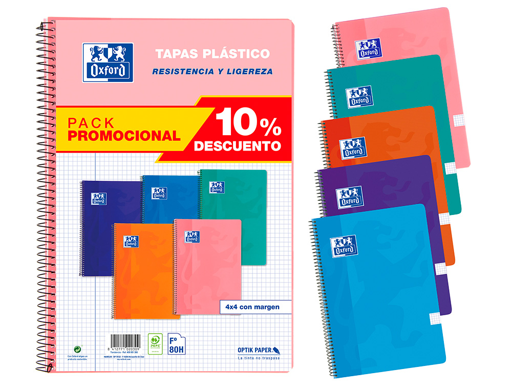 CUADERNO ESPIRAL OXFORD TAPA PLASTICO FOLIO 80 HOJAS CUADRO 4 MM PACK 5 UNIDADES COLORES TENDECIAS