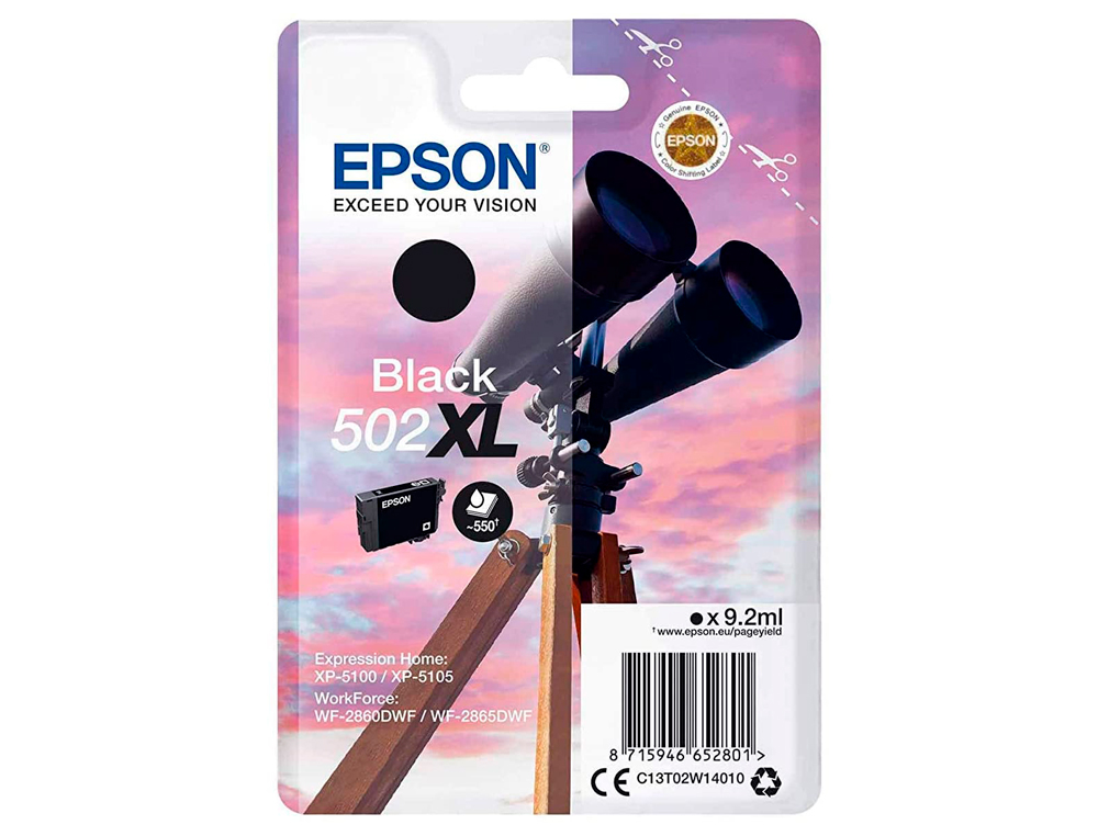 INK-JET EPSON 502 XL EXPRESSION HOME XP 5100 / 5105 WORKFORCE WF 2860 / 2860DWF NEGRO 550 PAGINAS