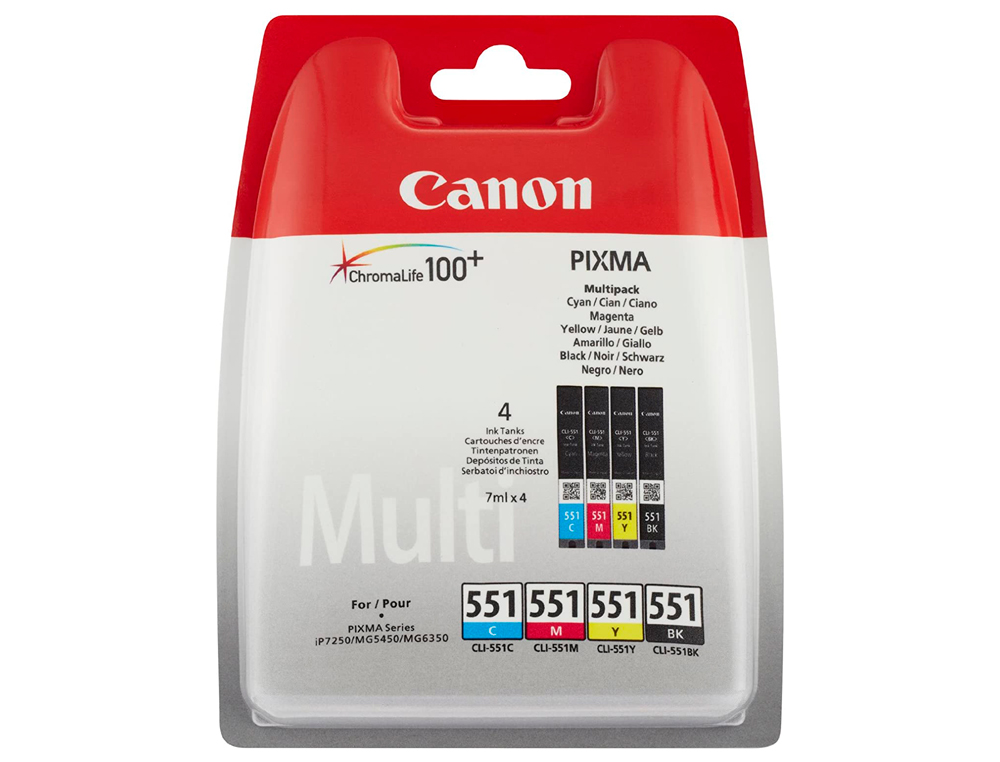 INK-JET CANON 551 C/M/Y/BK PIXMA IP8750 / IX6850 / MG5550 / MG6450 / MG7150 / MX725 / MX925 PACK 4 COLORES