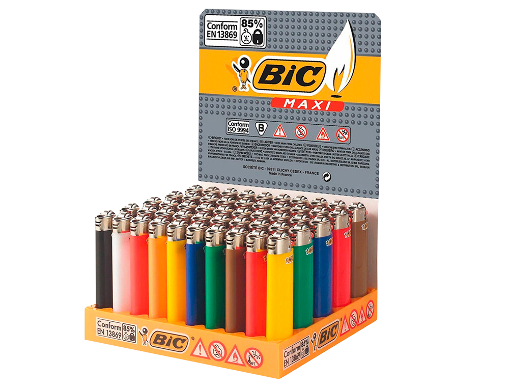 ENCENDEDOR BIC MAXI J26 EXPOSITOR DE 50 UNIDADES COLORES SURTIDOS