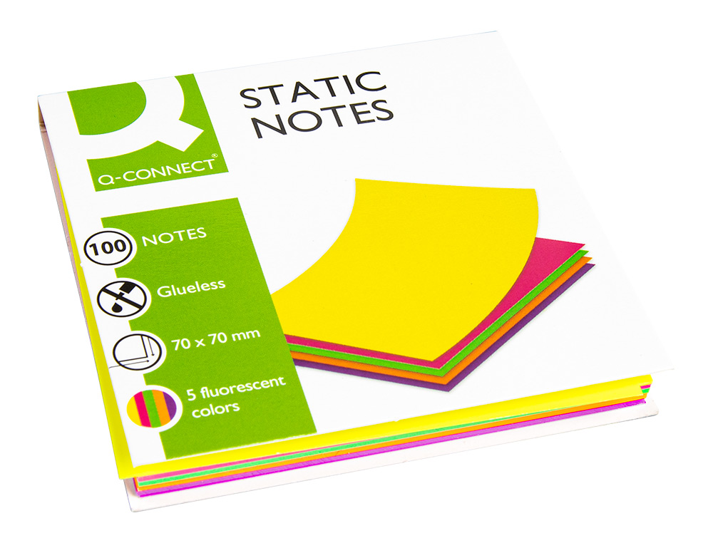 BLOC DE NOTAS ELECTROSTATICAS QUITA Y PON Q-CONNECT 70X70 MM 100 HOJAS 5 COLORES FLUORESCENTES