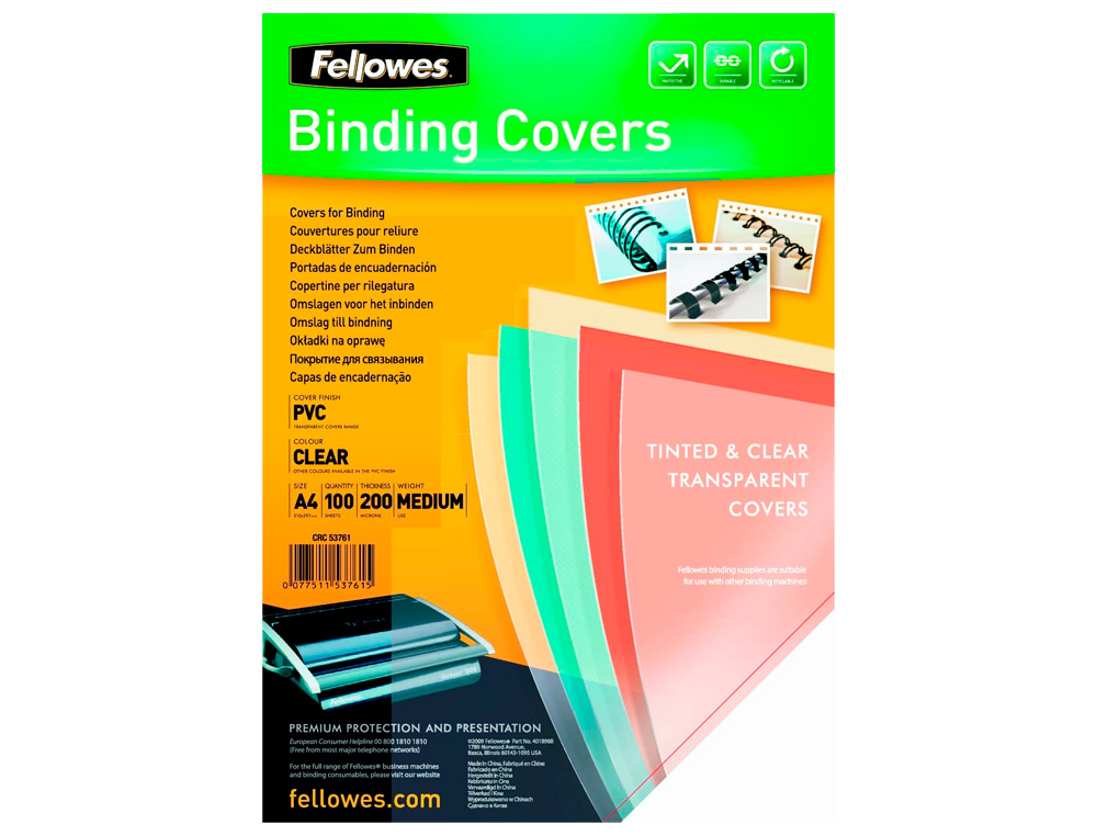TAPA DE ENCUADERNACION FELLOWES DIN A4 PVC TRANSPARENTE CRISTAL 180 MICRAS PACK DE 100 UNIDADES