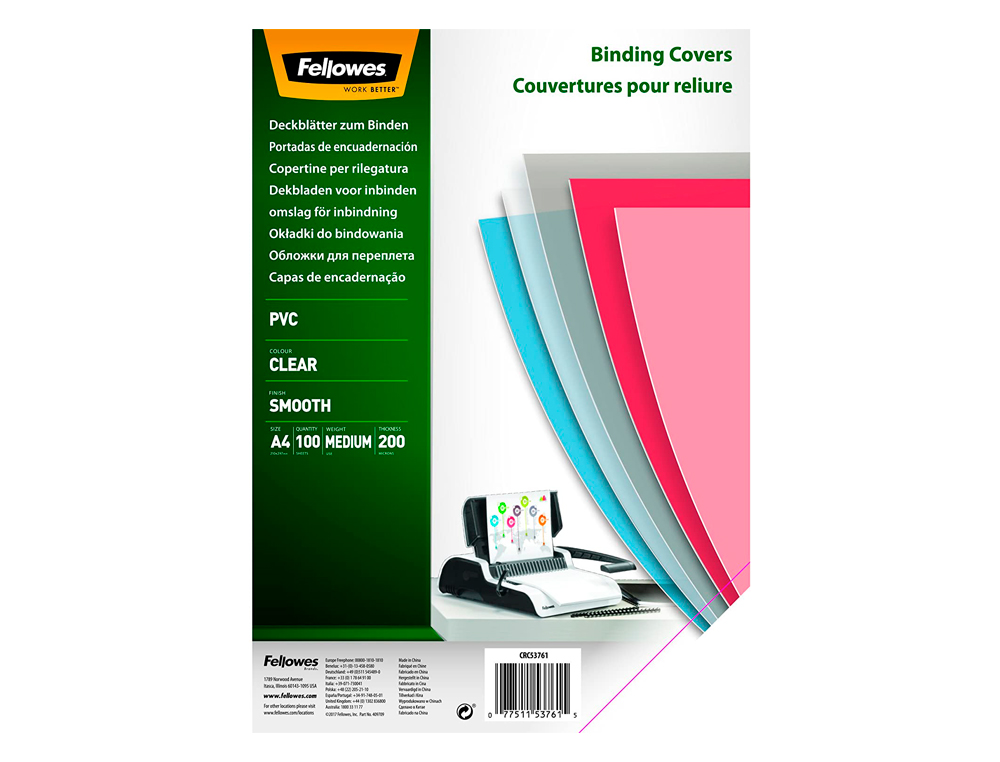 TAPA DE ENCUADERNACION FELLOWES DIN A3 PVC TRANSPARENTE CRISTAL 200 MICRAS PACK DE 100 UNIDADES