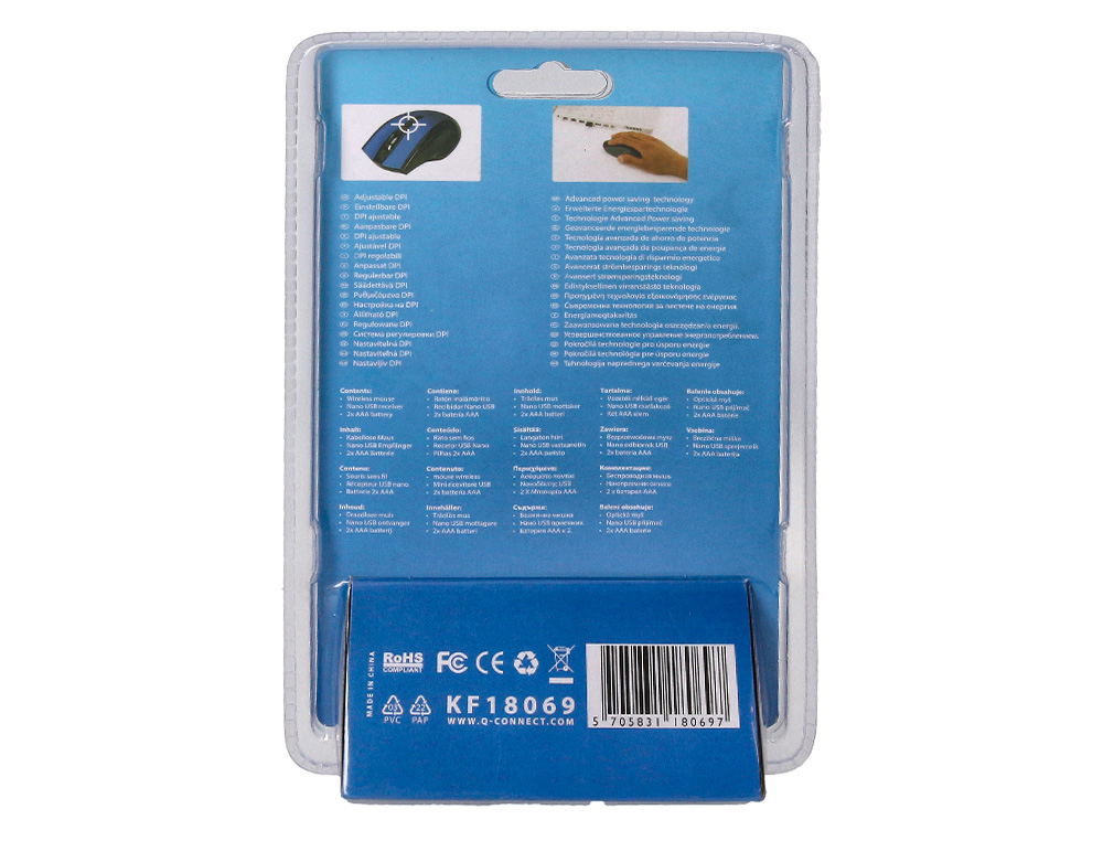RATON Q-CONNECT OPTICO INALAMBRICO 1000 DPI RECEPTOR USB 2,4 GHZ AZUL